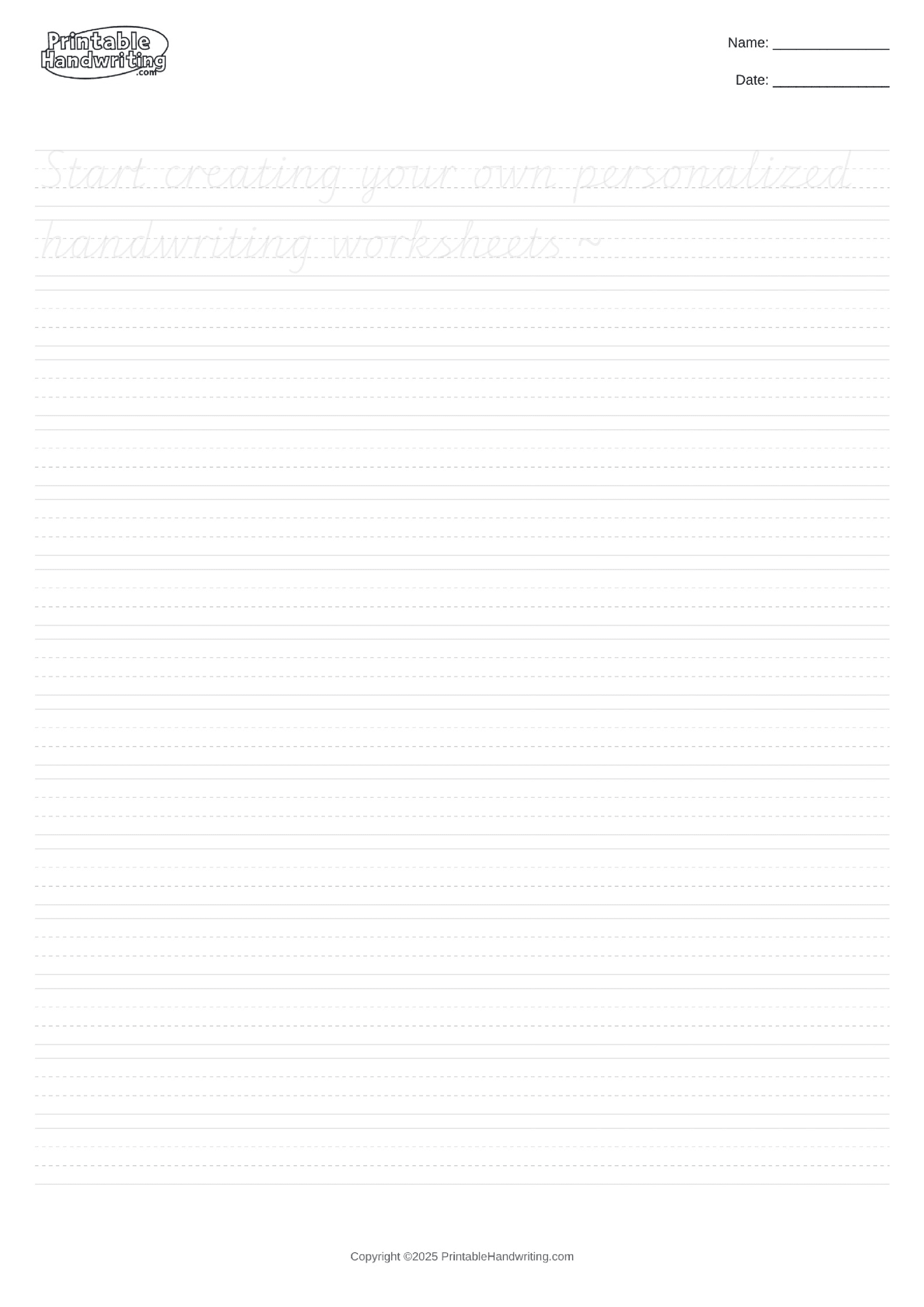 Sample handwriting worksheets showing cursive, print, and name tracing practice materials